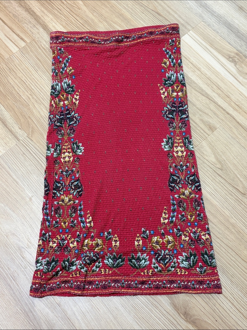 FARM Rio Anthropologie Red Floral Border Knit Midi Pencil Skirt Large